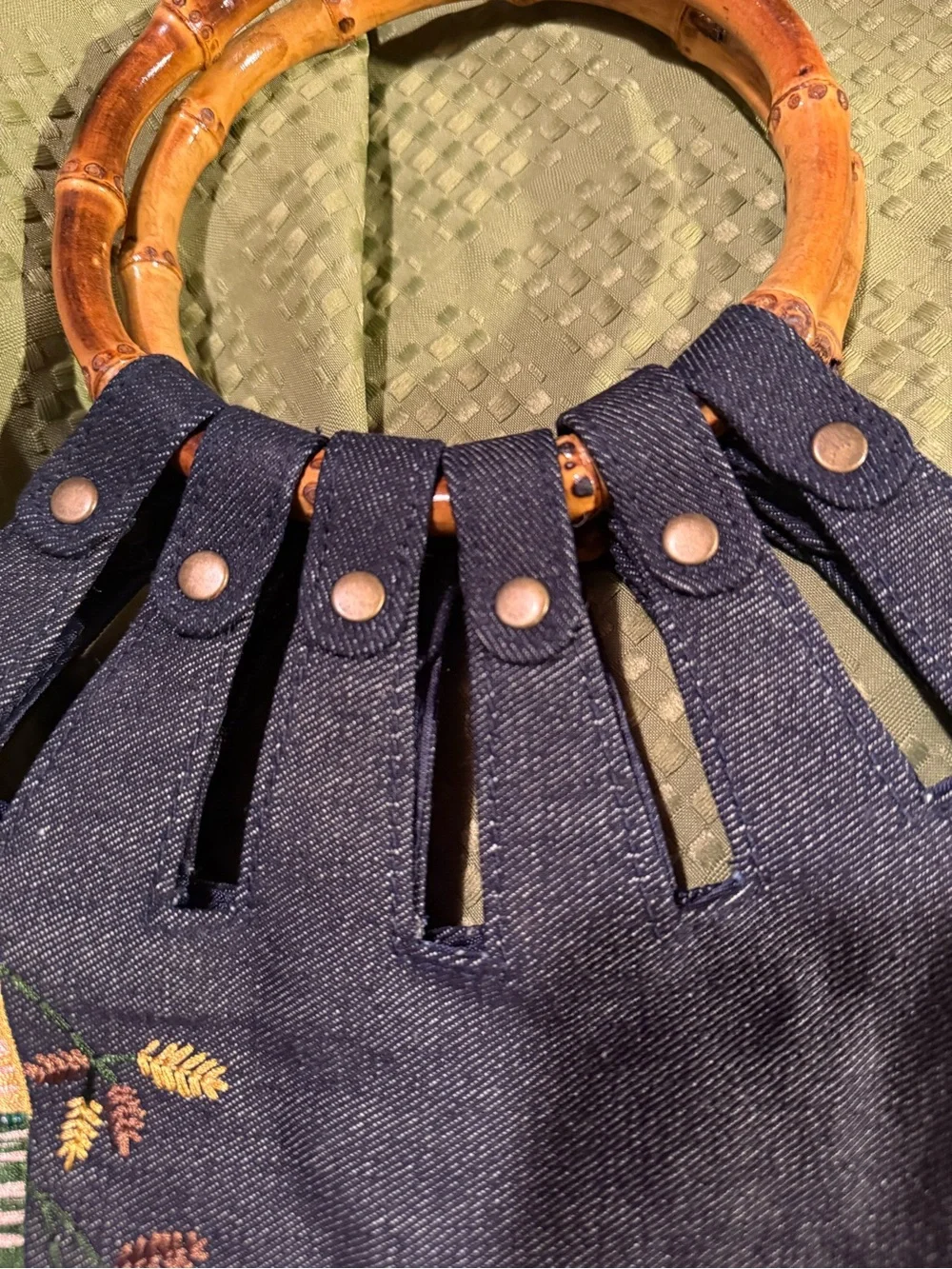 Handheld Bamboo-Handle Embroidered Navy Tote - Picture 3 of 7